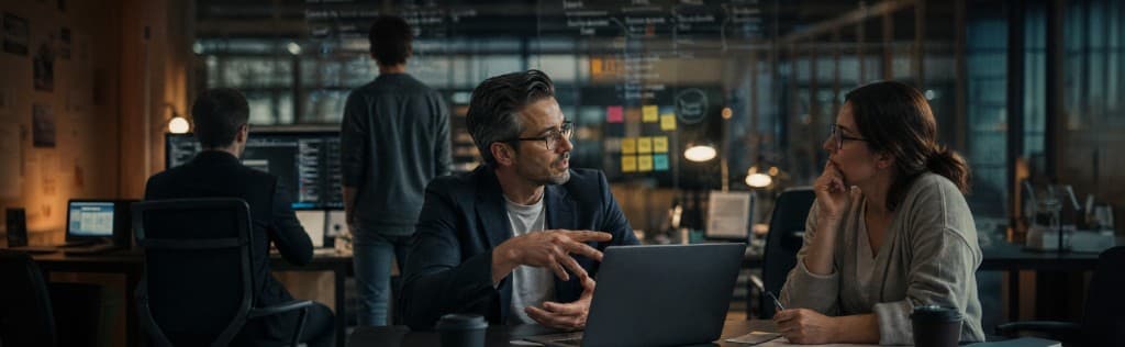 Two business leaders discussing technology strategy at a laptop in a modern office, with the headline 6 Signs You Need a Fractional CTO for Your Growing Company