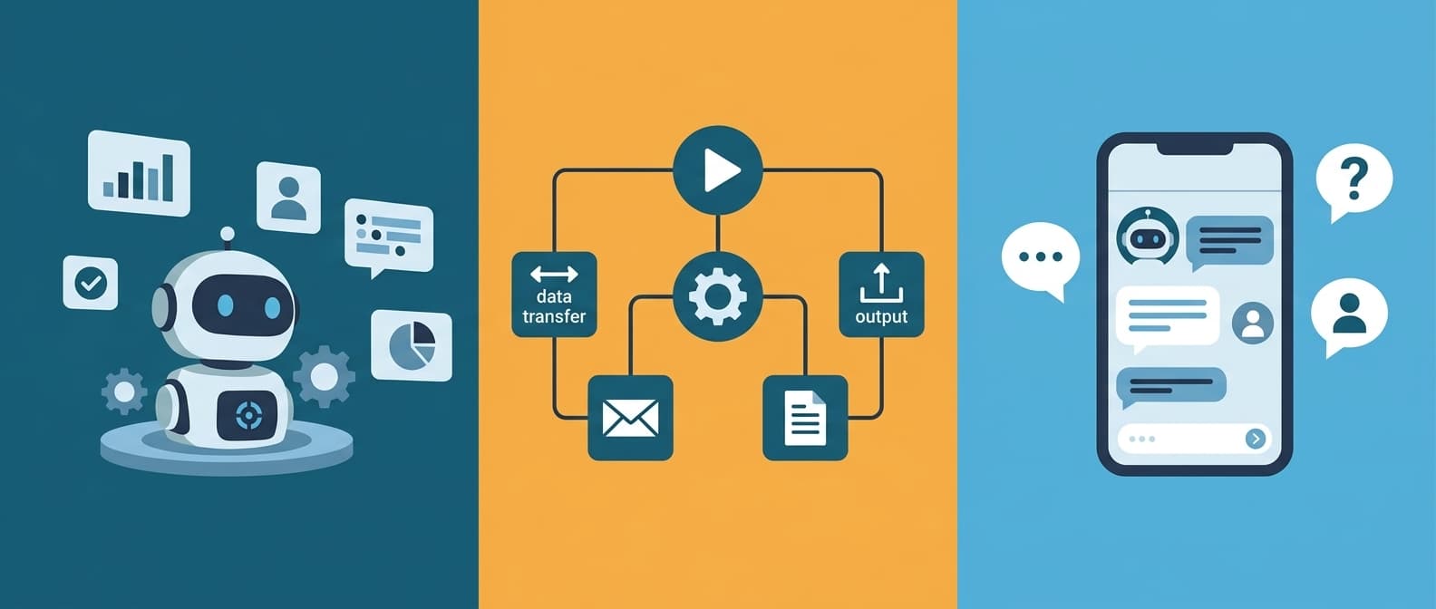 Illustration comparing an AI agent, workflow automation, and a chatbot