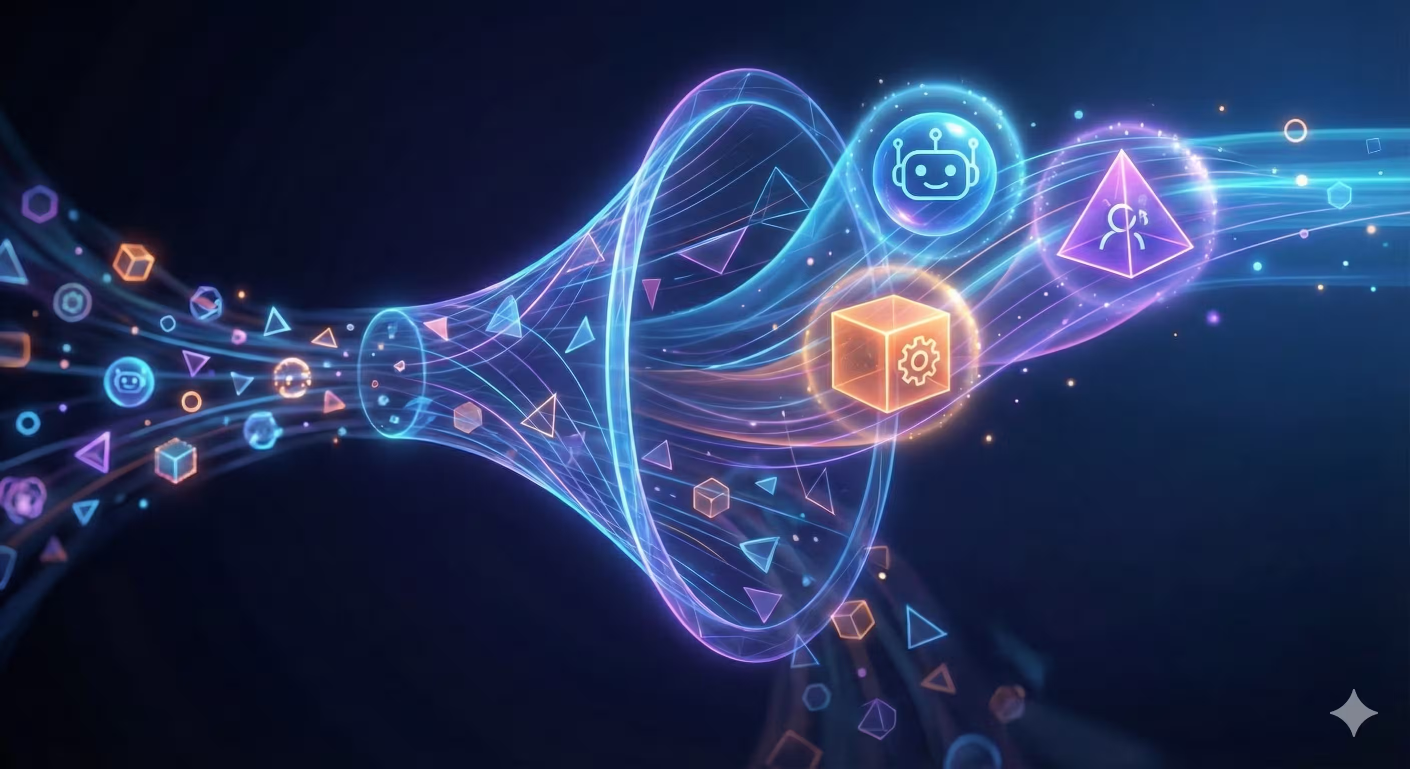 Abstract digital illustration depicting an AI and automation process flow, showcasing interconnected elements like robots,