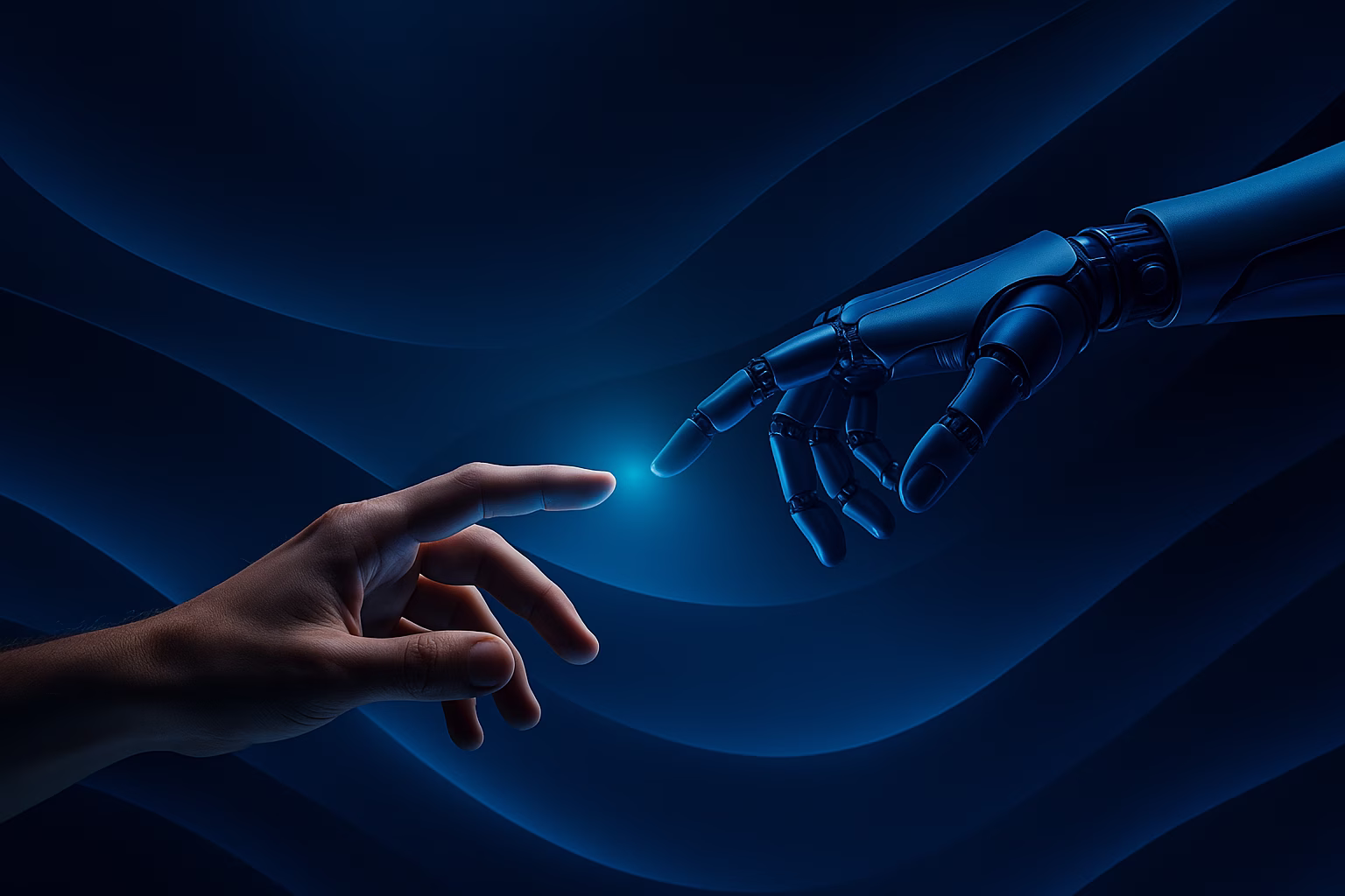 Human hand reaching toward robotic hand symbolizing human-AI collaboration
