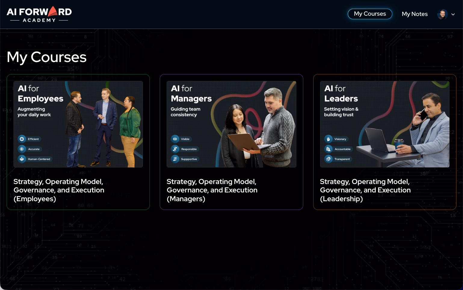 Screenshot of AI Forward Academy platform with courses and learning paths
