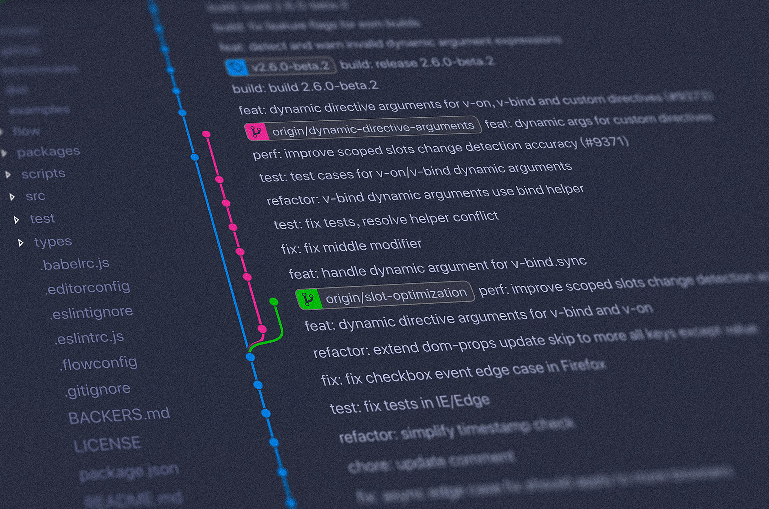 Git branch visualization showing commit history and feature branches in code editor